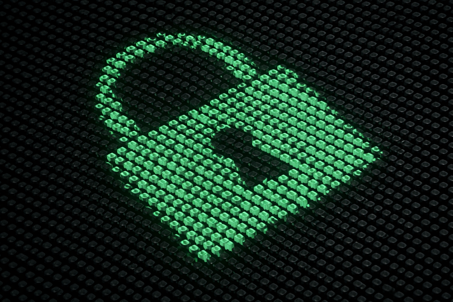 Abstract, flowing shape of glowing light purple text lines on a dark purple background.